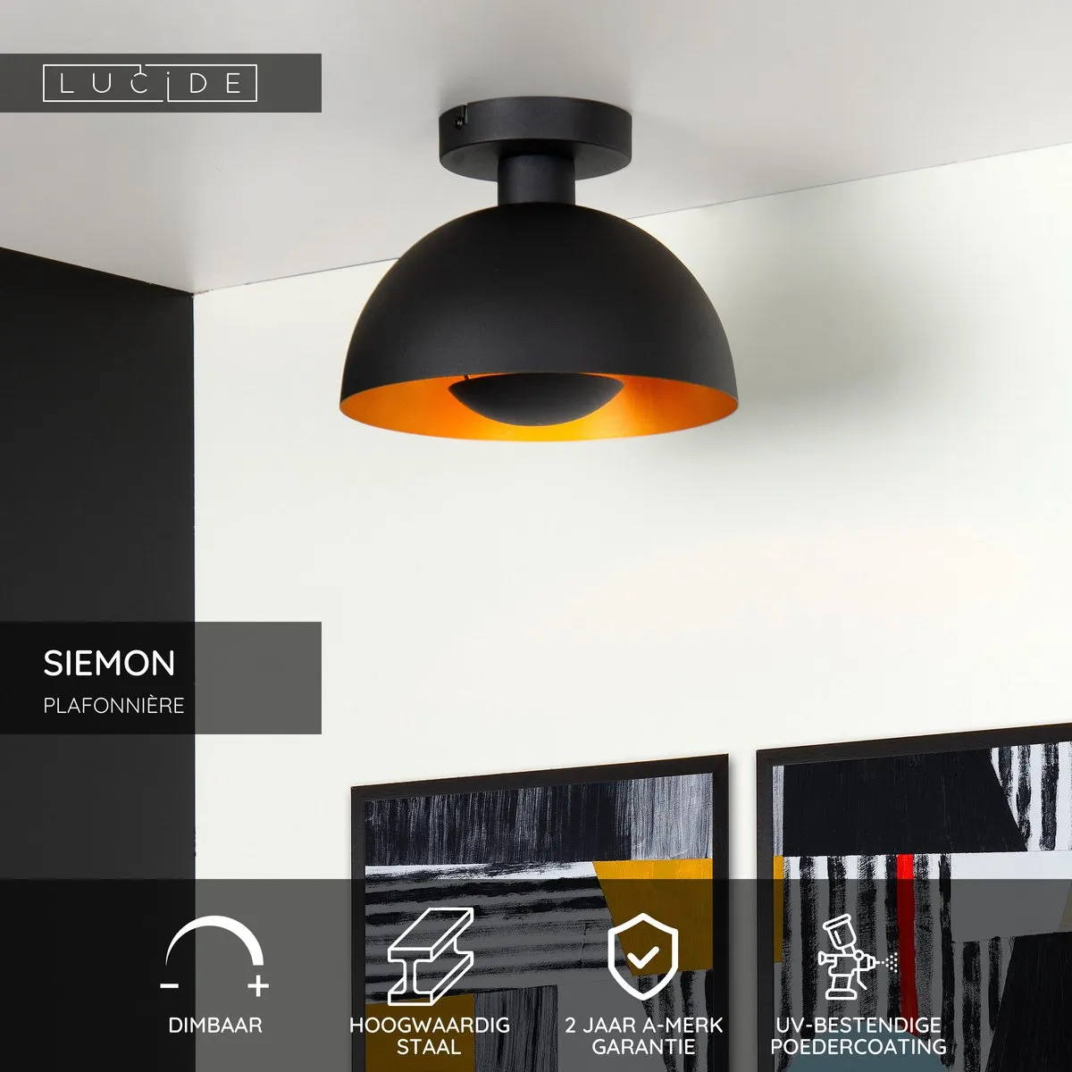 Lucide Siemon Plafondlamp Ø25cm - 1xE27 - Zwart