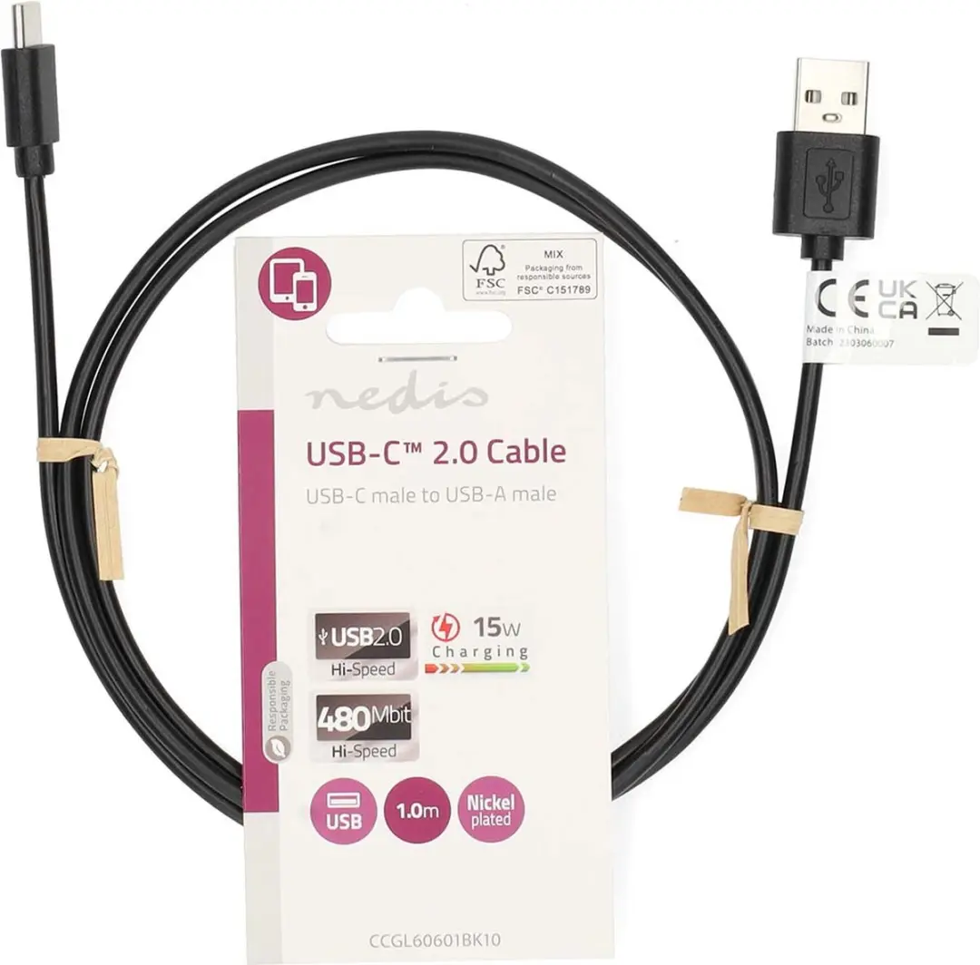 Nedis USB 2.0 USB-A naar USB-C Kabel 5W 480Mbps 1m - Zwart