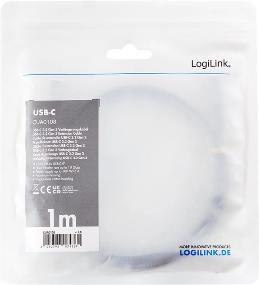 Logilink CUA0108 USB 3.2 Gen 2 Kabel 1m - USB-C Zwart/Grijs