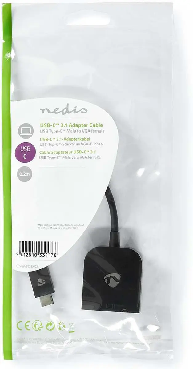 Nedis CCGP64852BK02 USB-C naar VGA Adapter - 1920x1200 - 5 Gbps - 20cm - Zwart