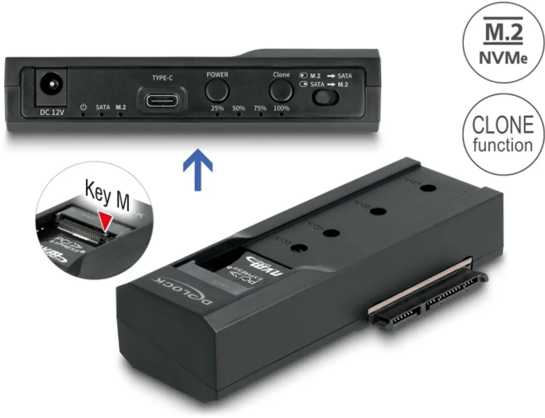 Delock 64252 USB Type-C Converter - M.2 NVMe & SATA SSD/HDD - Klonenfunctie - Zwart