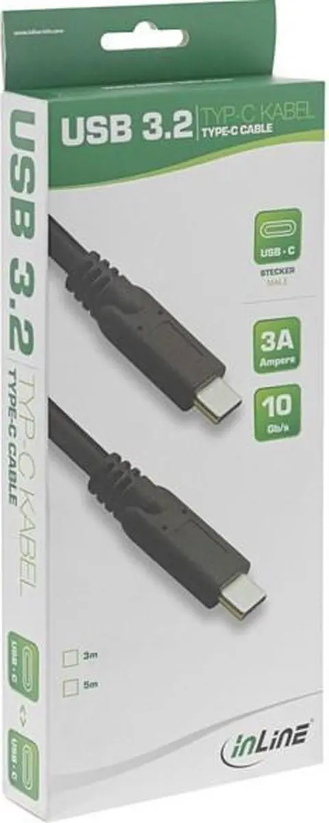 InLine USB-C naar USB-C Kabel 3m - USB3.2 PD 20V/3A - Zwart