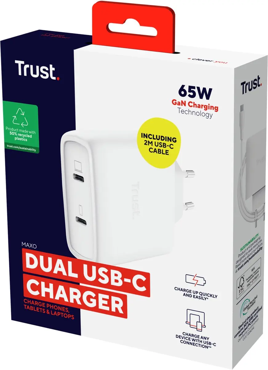 Trust Maxo GaN Oplader 65W - 2 Poorten - Wit