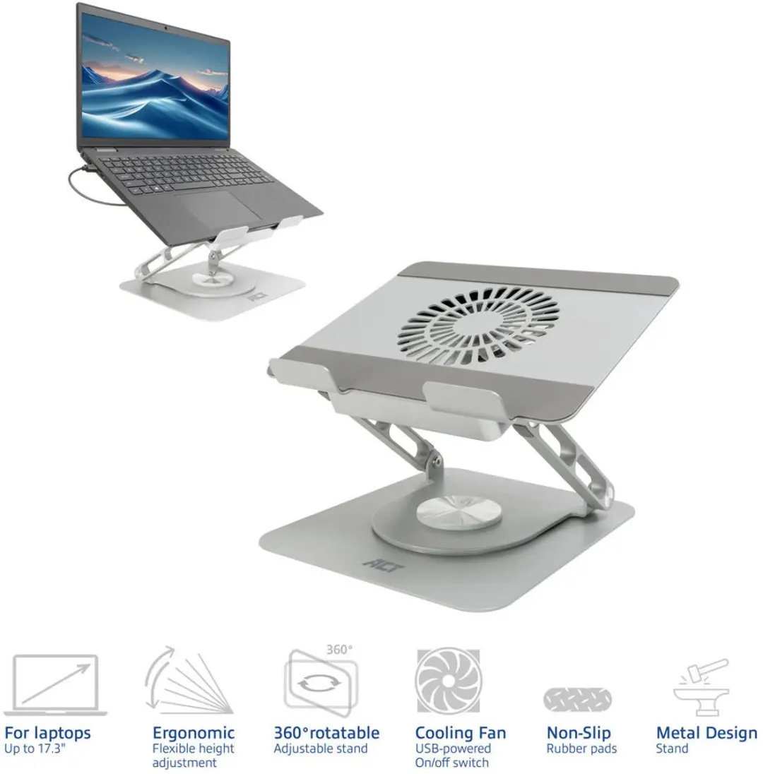 ACT Laptopstandaard AC8106 360° - Ventilator - Hoogte verstelbaar - Grijs