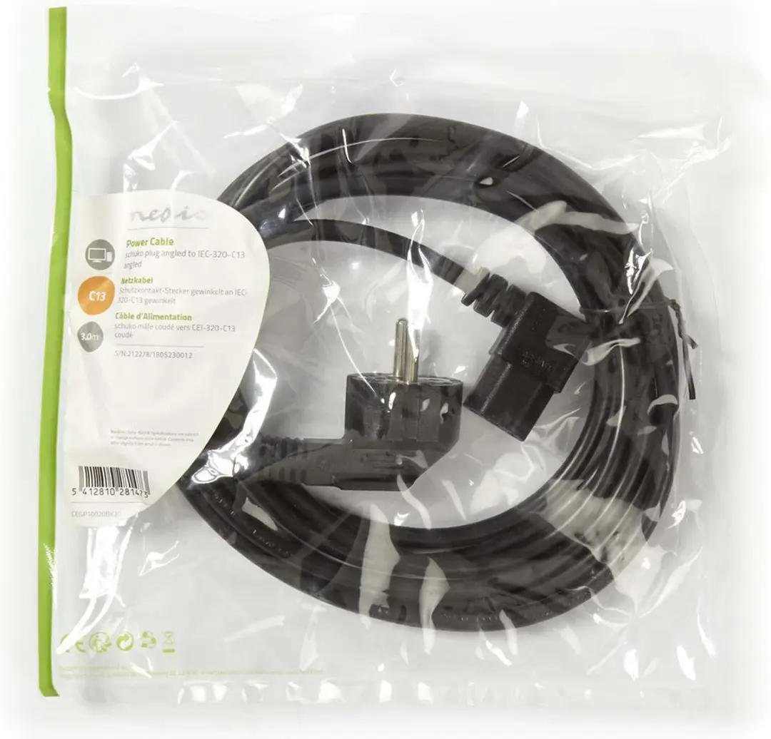 Nedis Stroomkabel CEGT10020BK30 Type F 90° - 3m - Zwart