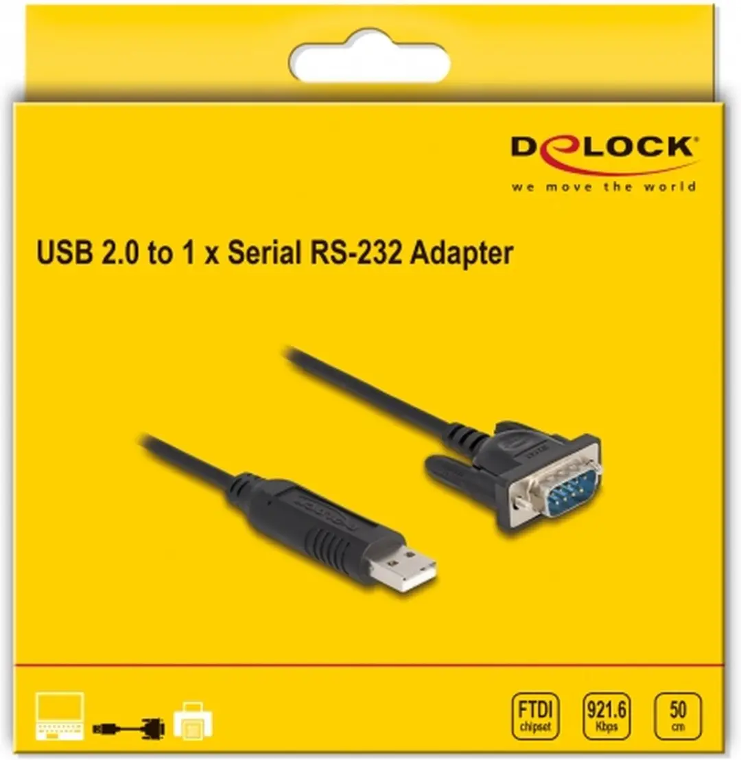 Delock USB 2.0 naar RS-232 Adapter D-Sub 9 M - FTDI - 50cm - Zwart