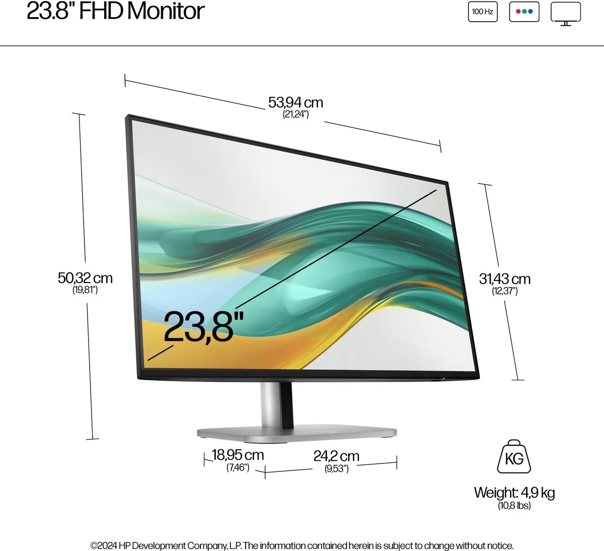 HP Series 5 Pro 524pf 23,8 inch FHD Monitor - Zwart/Zilver
