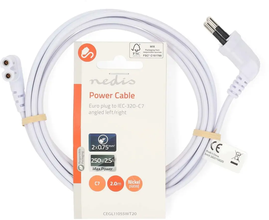 Nedis Stroomkabel CEGL11055WT20 - Gehoekt - 2.00m - Wit