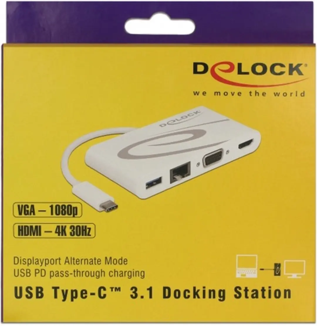 Delock USB-C Docking Station 87731 - HDMI/VGA/RJ45/USB - Wit