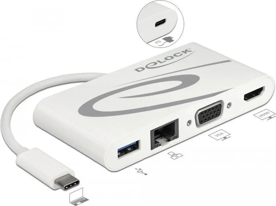 Delock USB-C Docking Station 87731 - HDMI/VGA/RJ45/USB - Wit