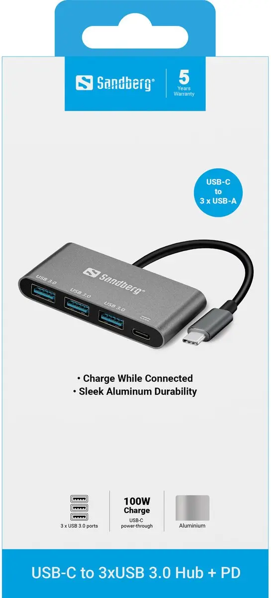 Sandberg 136-03 USB-C naar 3x USB 3.0 Converter - Aluminium/Wit