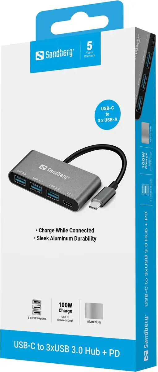 Sandberg 136-03 USB-C naar 3x USB 3.0 Converter - Aluminium/Wit
