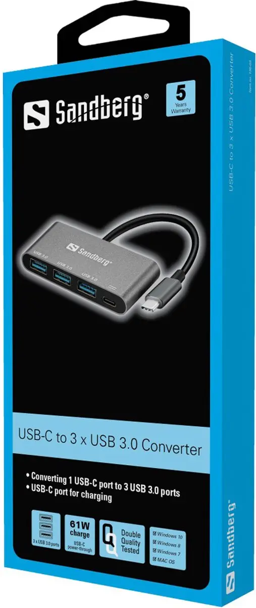 Sandberg 136-03 USB-C naar 3x USB 3.0 Converter - Aluminium/Wit