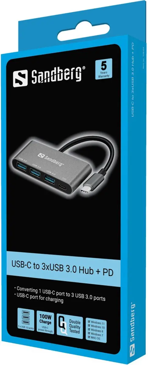 Sandberg 136-03 USB-C naar 3x USB 3.0 Converter - Aluminium/Wit - afbeelding 6 van 6