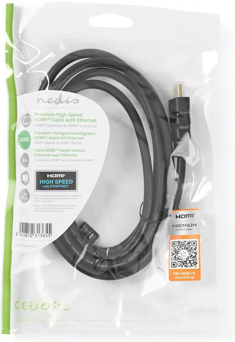Nedis Premium HDMI-Kabel CVGP34050BK20 4K@60Hz - 2m - Zwart