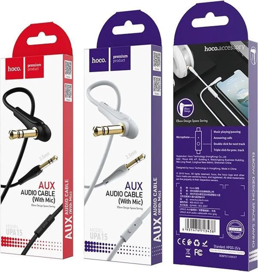 Hoco UPA15 AUX Audiokabel 3,5mm - Microfoon + Controller 1m - Zwart