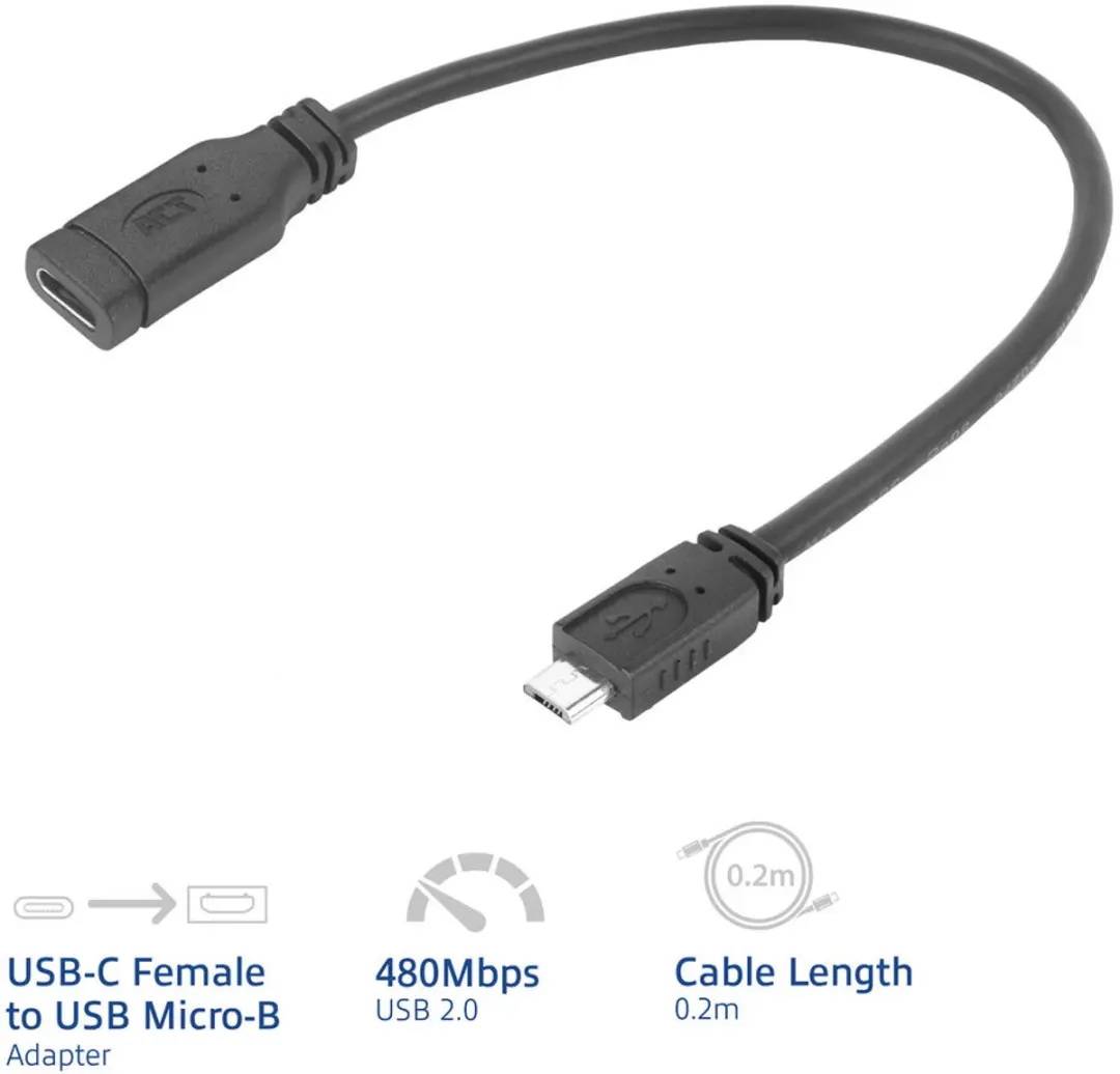 ACT AC7464 USB Type-C naar USB Micro-B 2.0 Kabel 0,2m - Zwart