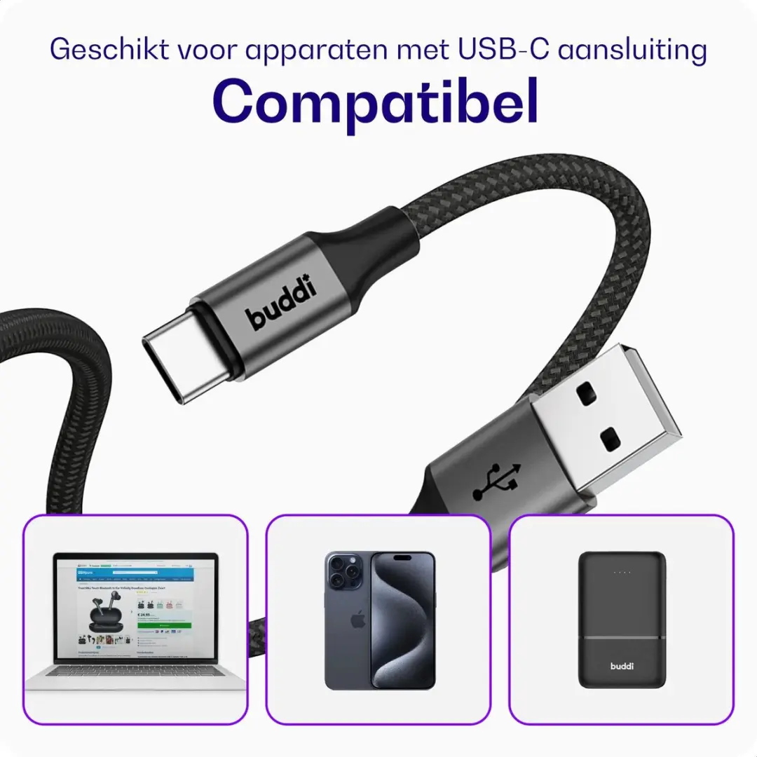Buddi Flex USB-A naar USB-C Kabel 12W Wit - 1M
