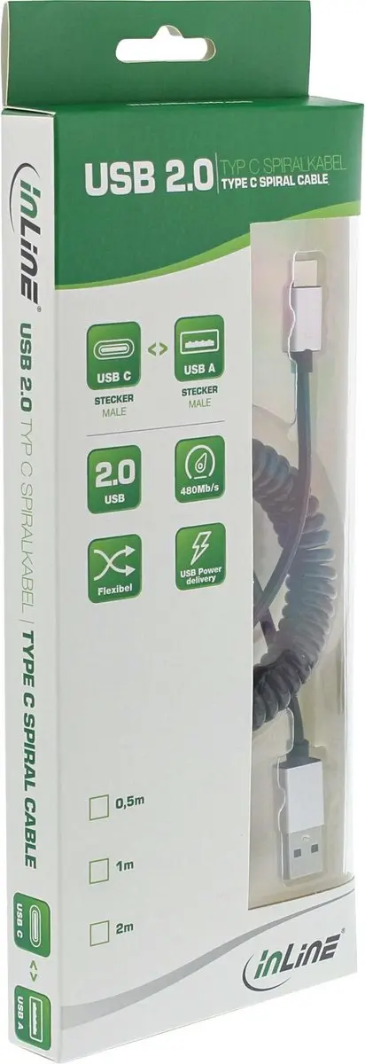 InLine USB-C naar USB-A Spiraalkabel 0,5m - USB 2.0 - 3A - Zwart