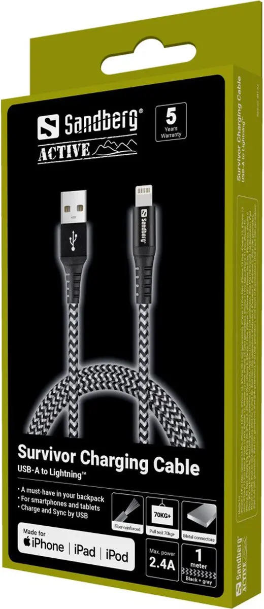 Sandberg Survivor Lightning Cable 441-35 - 1M - Zwart/Grijs