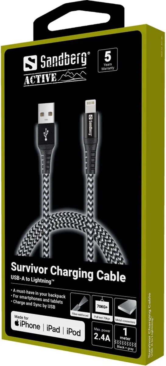 Sandberg Survivor Lightning Cable 441-35 - 1M - Zwart/Grijs