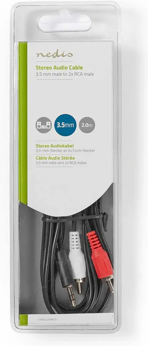 Nedis Stereo-Audiokabel 3,5mm Male naar 2x RCA Male - 2m - Zwart