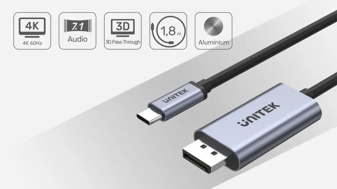 Unitek DisplayPort Adapter USB-C Videokabel 4K 60Hz 1,8m - Transparant