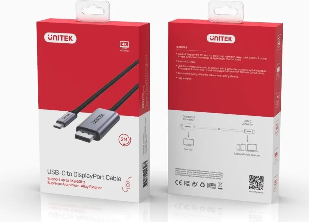 Unitek DisplayPort Adapter USB-C Videokabel 4K 60Hz 1,8m - Transparant