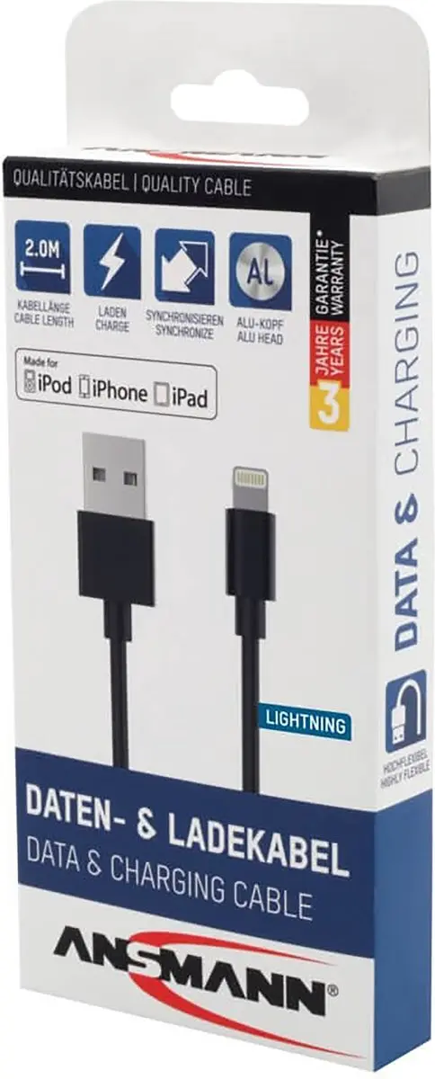 Ansmann Lightning Kabel 2m - Zwart