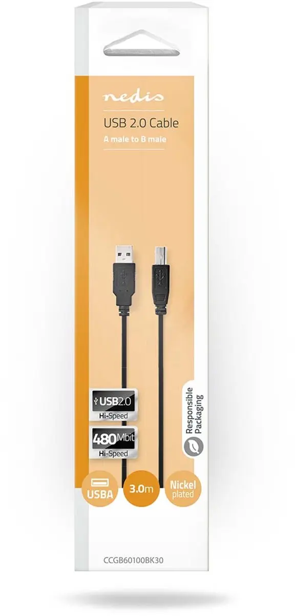 Nedis USB 2.0 A-B Kabel 3m - Zwart
