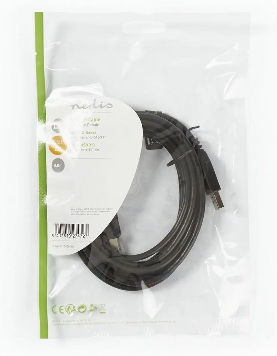 Nedis USB 2.0 A-B Kabel 3m - Zwart