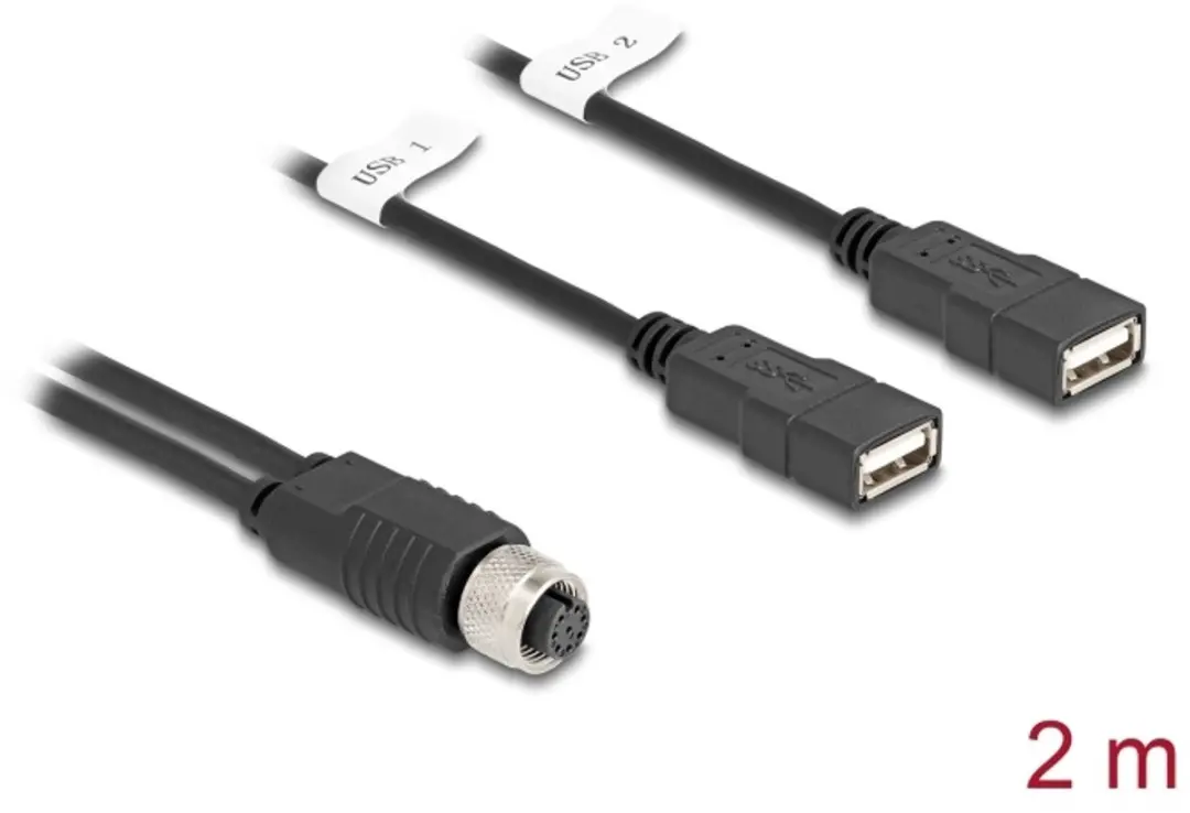 Delock M12 A-coded Kabel 8-pin Vrouwelijk naar 2x USB 2.0 Type-A Vrouwelijk 2m
