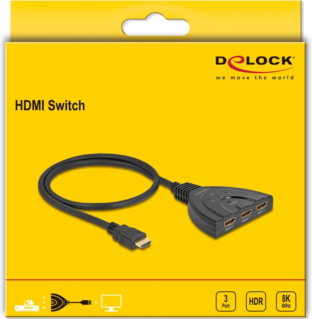 Delock HDMI Switch 3x HDMI naar 1x HDMI 8K 60Hz - 60cm - Zwart