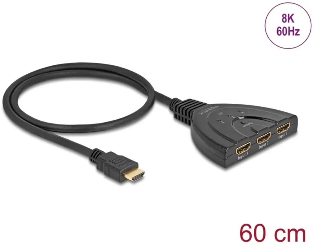 Delock HDMI Switch 3x HDMI naar 1x HDMI 8K 60Hz - 60cm - Zwart