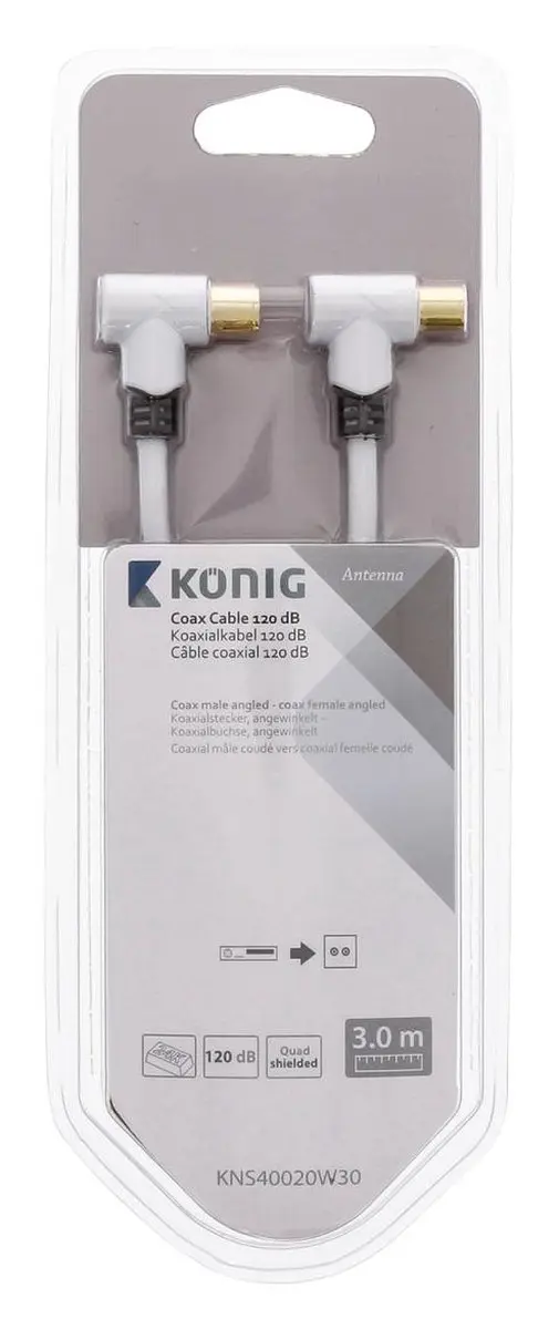 Konig Coax Kabel 120dB Haaks-Male naar Haaks-Vrouwelijk 3m - Wit