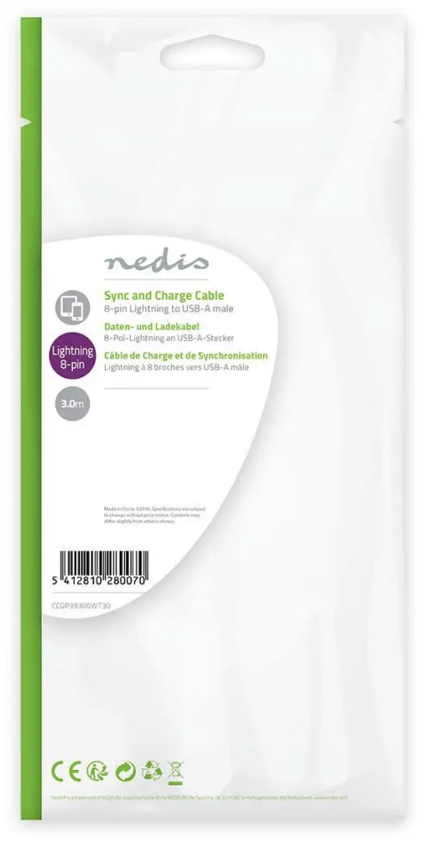Nedis Lightning Kabel USB-A 3m - Wit - afbeelding 6 van 6