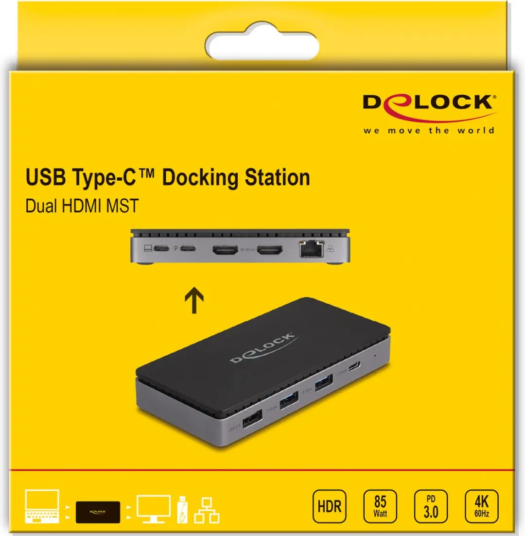 Delock USB Type-C Docking Station 88271 - Dual HDMI 4K - USB 3.0 - Gigabit LAN - 85W PD - Zwart/Grijs