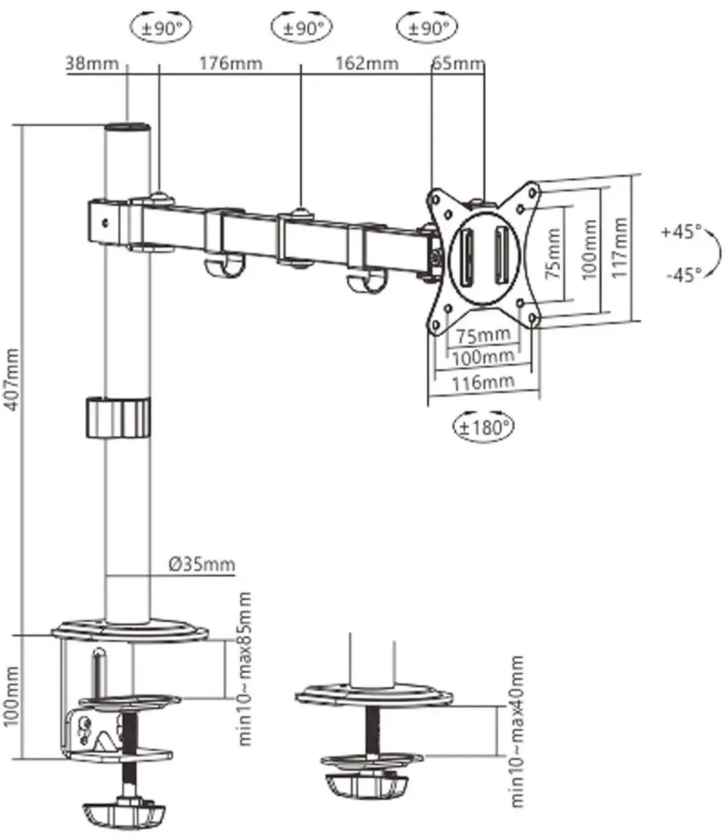 Gembird MA-D1-01 Monitorarm 17-32" - 90° Zwenk/Kantel/Rotatie - 9 kg - Zwart