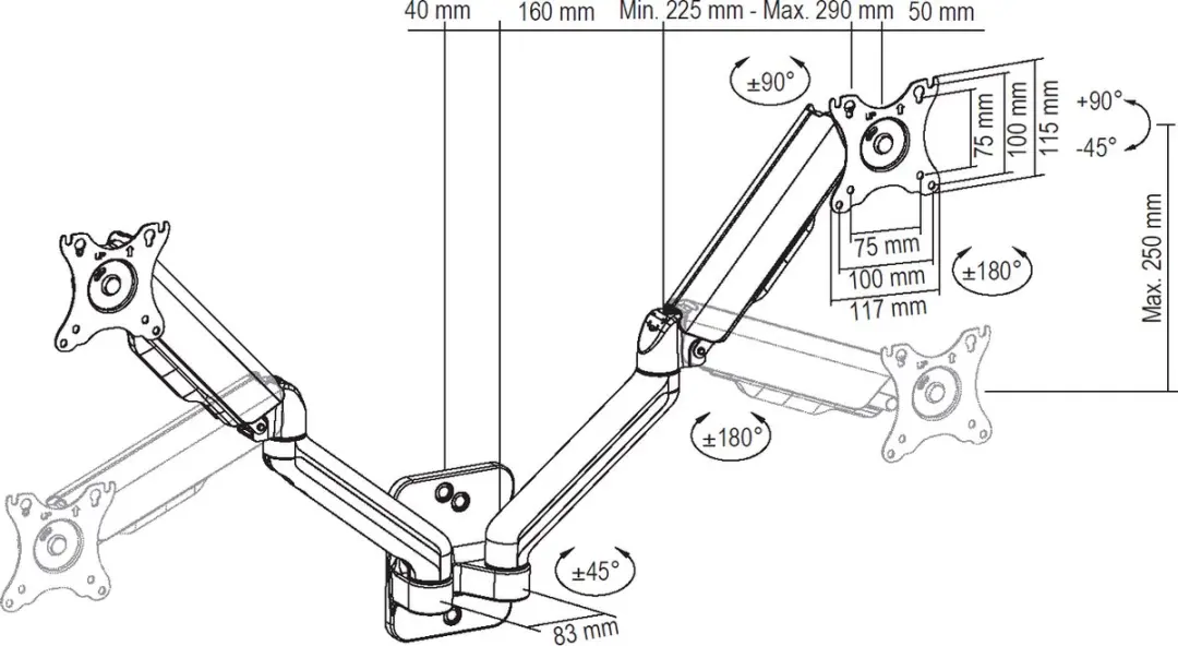 Deltaco ARM-0361 Monitorarm voor 2 Schermen - 17-32" - Zwart