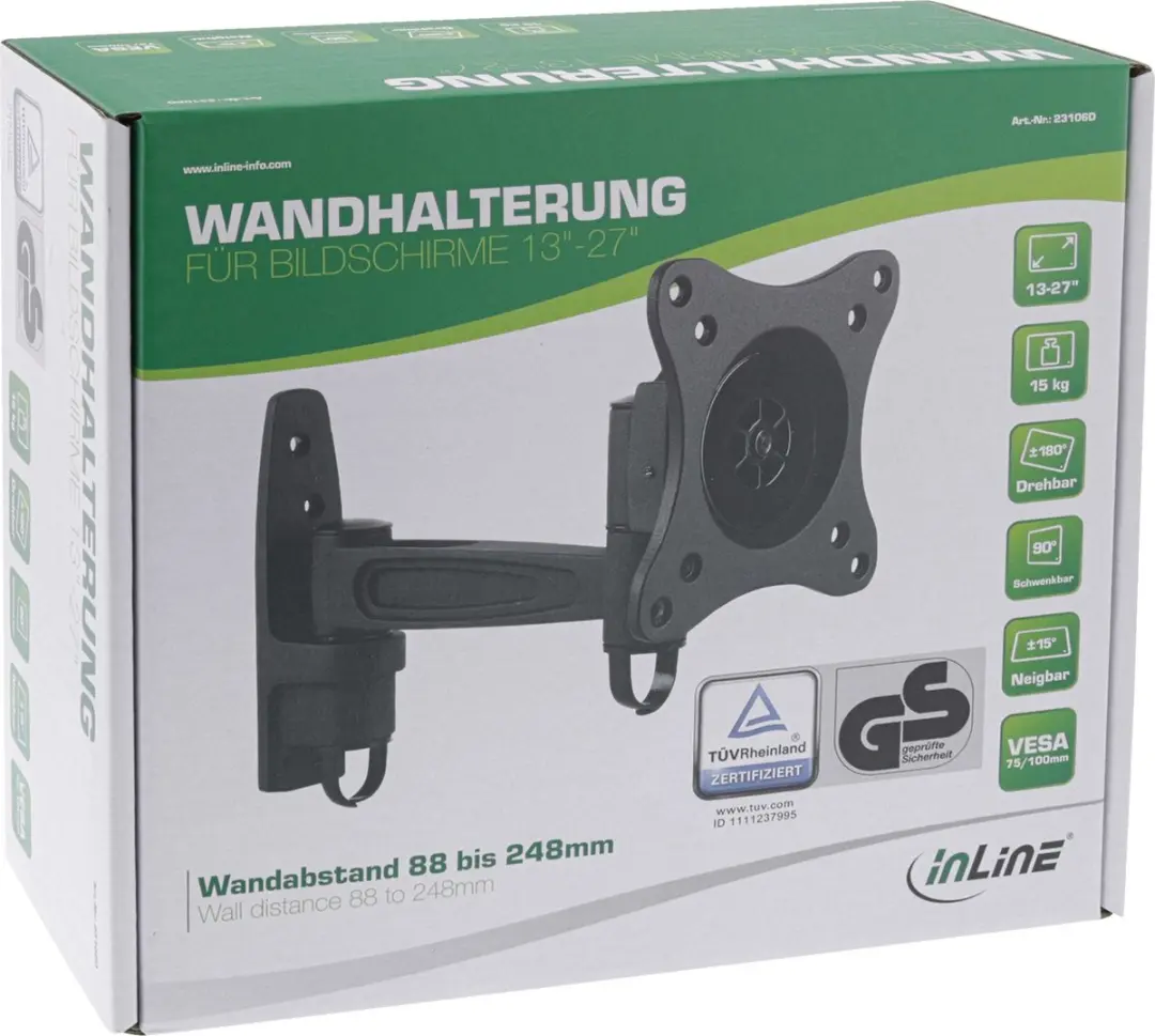 InLine Muurbeugel 23106D - 69cm (27) - 15kg - Zwart