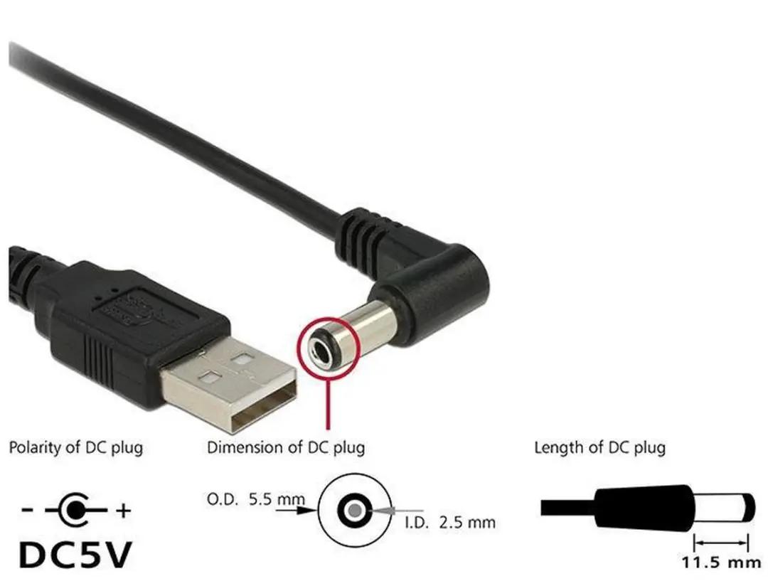 Delock USB-A naar DC 5,5x2,5mm Kabel - Haaks - 1,5m