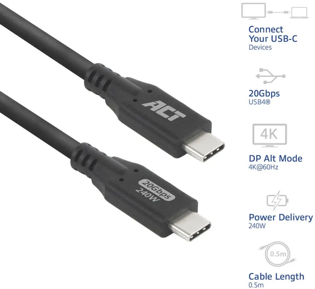 ACT AC7420 USB4 Kabel 20Gbps 240W - 0,5m - Zwart