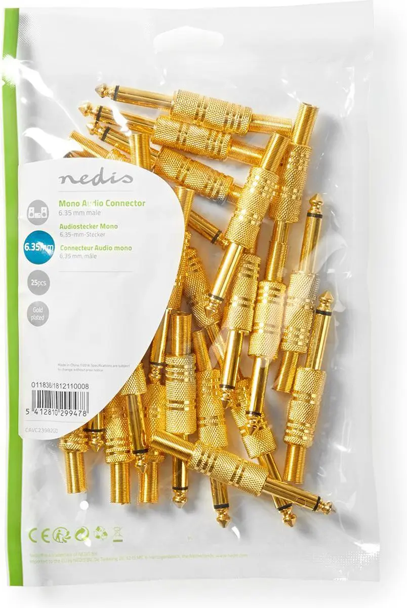 Nedis 6,35mm Audioconnector - Recht - Male - Verguld - 25 Stuks