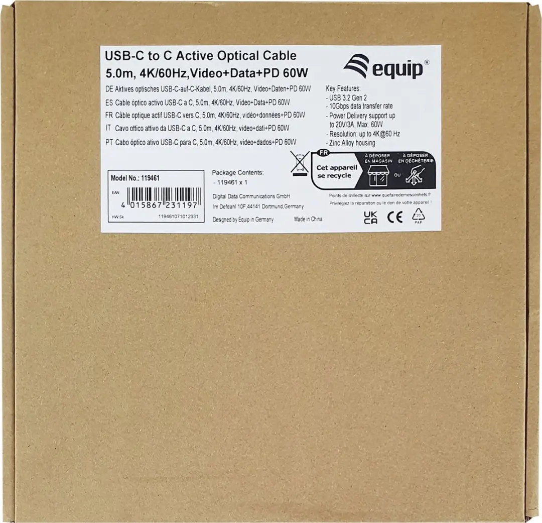 Equip 119461 USB-C naar C Active Optical Kabel 5m - 60W PD - 4K/60Hz