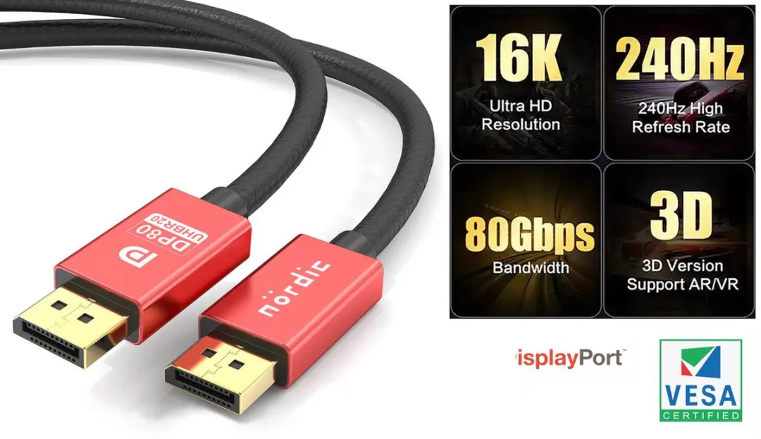 NÖRDIC DP-631 DisplayPort 2.1 Kabel 80Gbps - 16K60Hz - 3m - Zwart/Rood