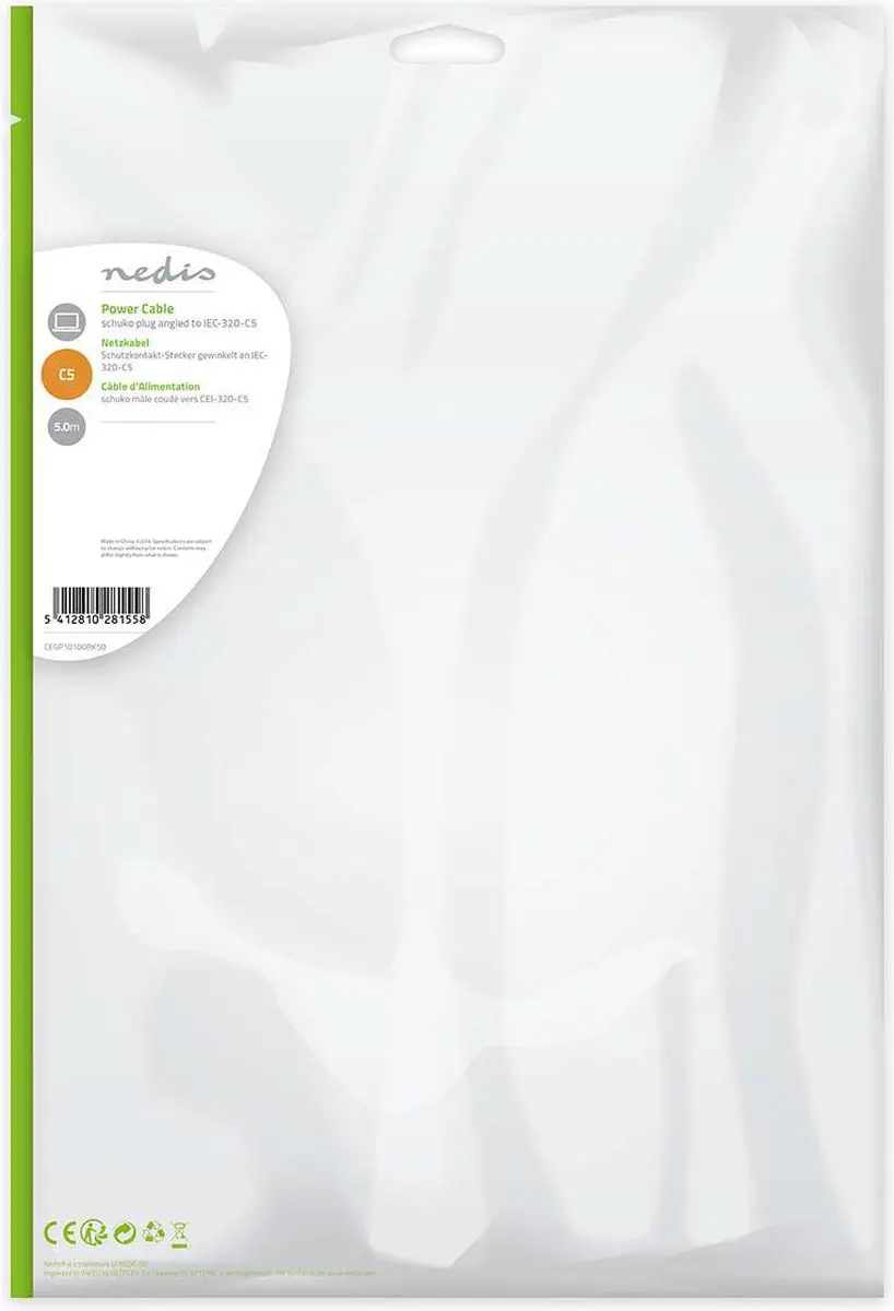 Nedis Stroomkabel Type F CEE 7/7 Male IEC-320-C5 - 5m - Zwart