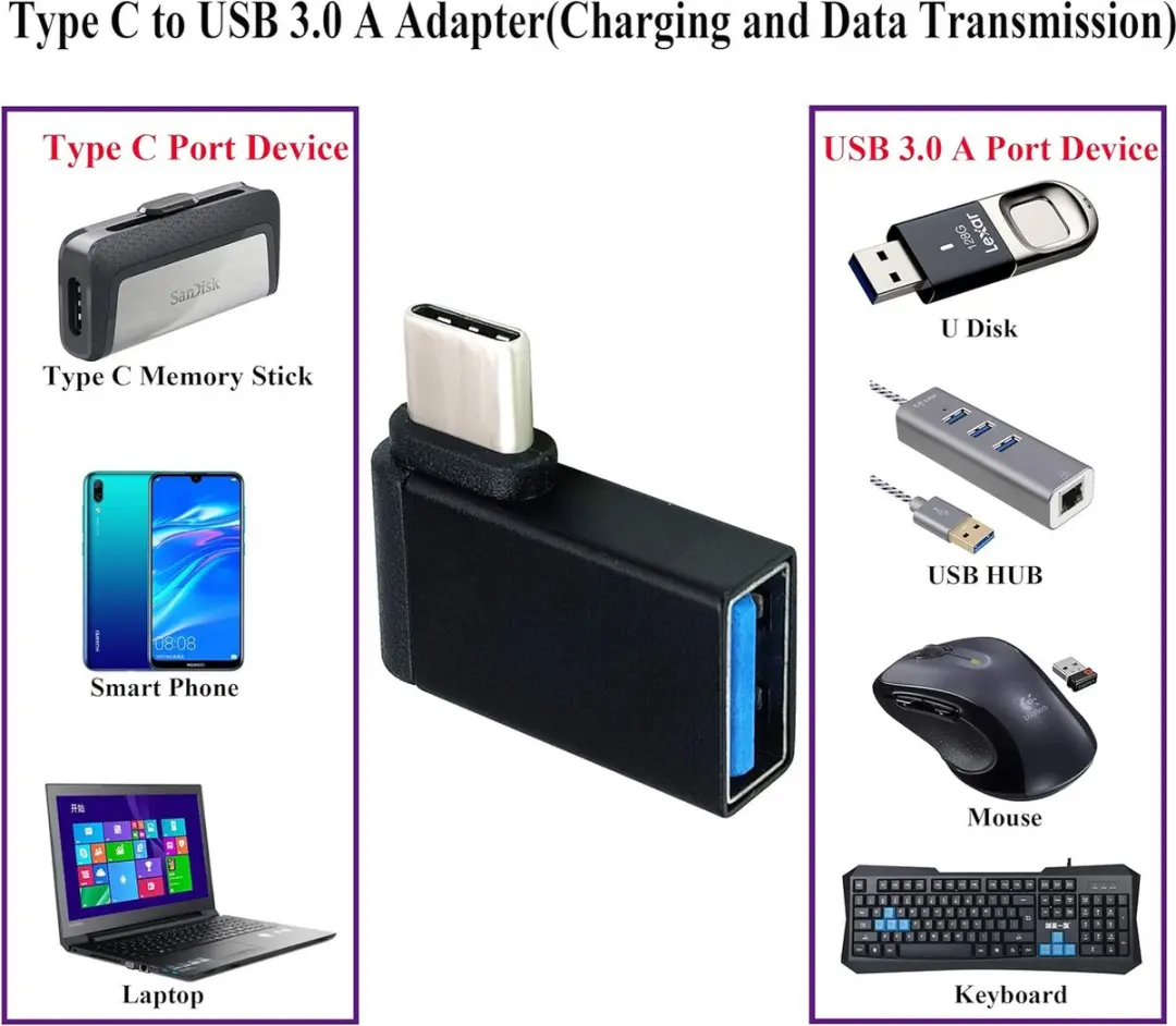 NÖRDIC OTG-C17 USB-C naar USB-A Haakse Adapter - 5Gbps - M/V - Zwart