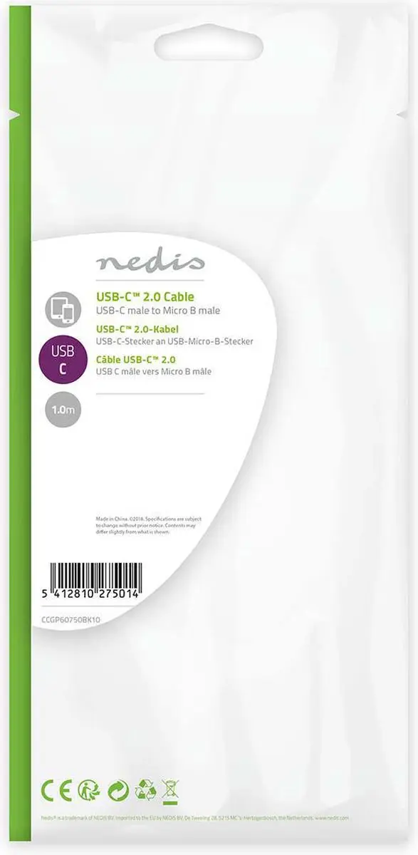 Nedis USB-C naar Micro-USB Kabel 18W 1m - Zwart