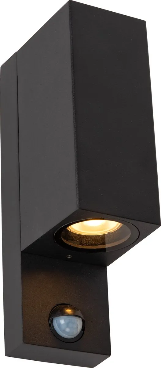 Lucide ZARO Wandspot 2xGU10 IP65 - Beweging & dag/nacht sensor - Zwart