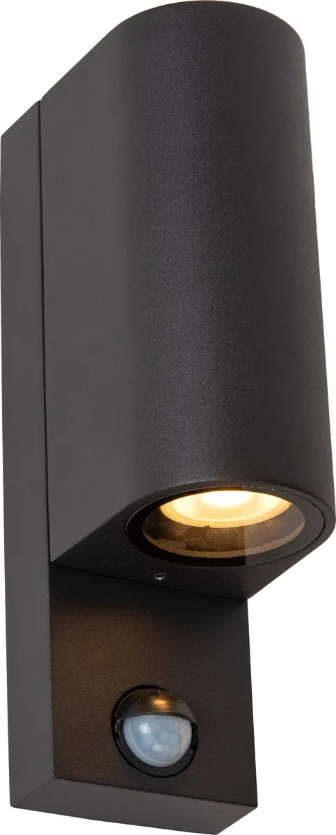 Lucide ZARO Wandspot 2xGU10 IP65 - Beweging & dag/nacht sensor - Zwart